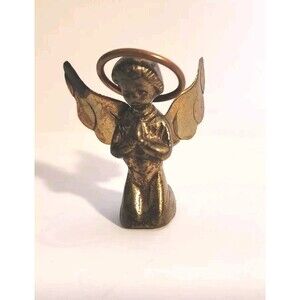 Vintage Small Brass Kneeling Praying Angel Mexico With Copper Halo Solic Brass